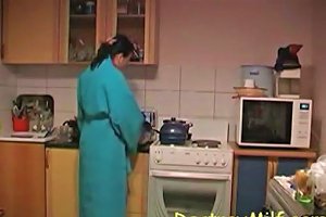 Boy Fucks Horny Housewife's In The Kitchen